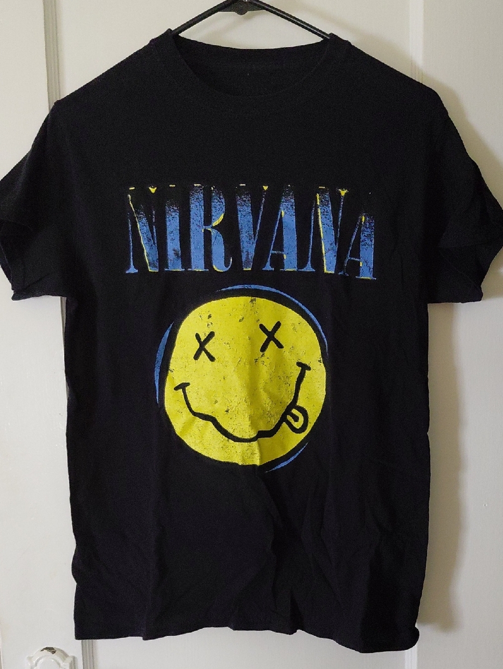 NIRVANA Black Tee with Yellow Smiley and Blue Logo